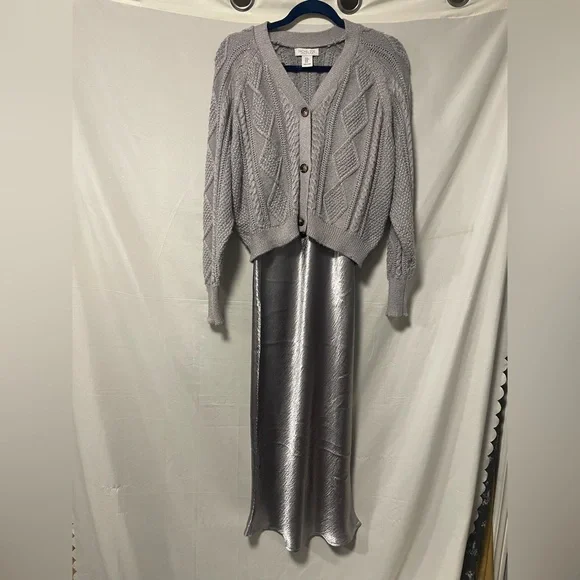 Elegant Gray Knit Cardigan and Silver Dress Set - Picture 1 of 6